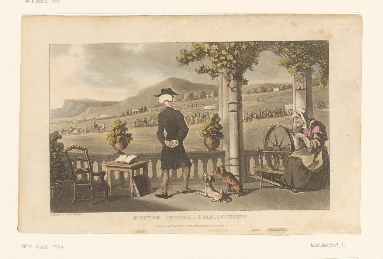 Tohtori Syntax tuijottaa maisemassa kulkevaa kulkuetta tekijältä Thomas Rowlandson