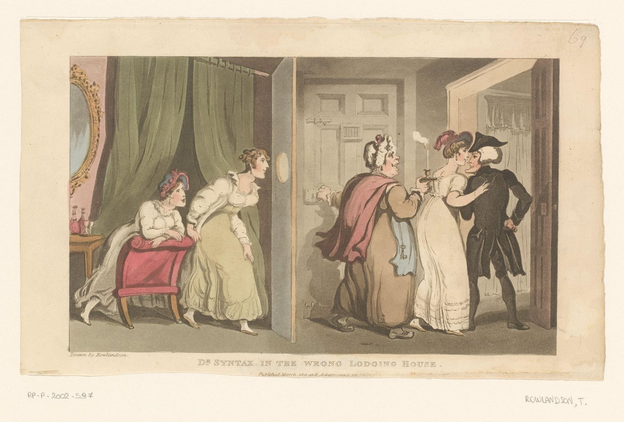 Kaksi naista johdattaa tohtori Syntaxin oven läpi tekijältä Thomas Rowlandson