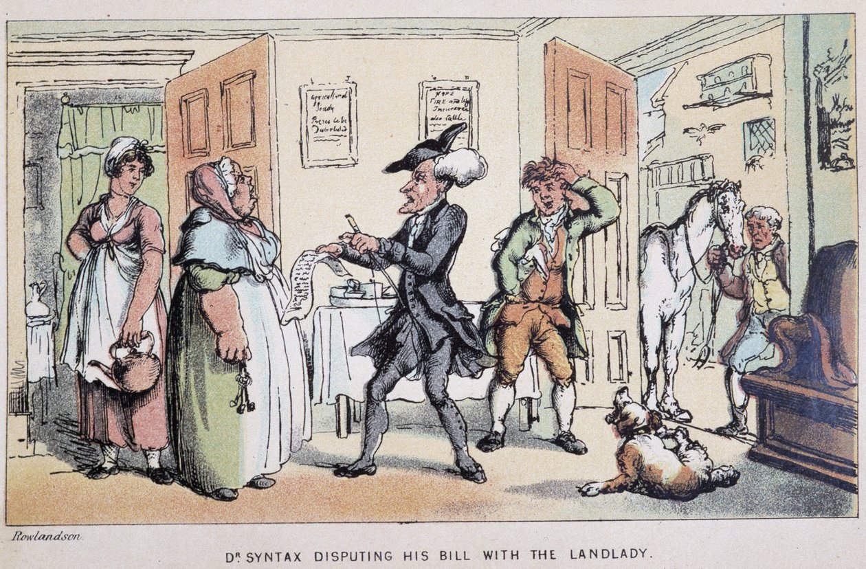Lääkäri kiistelee laskua (hotellissa?) - "" Doctor Syntaxin kolmella kiertueella: viehättävää lohtua ja vaimoa etsimässä" William Combe, ill. Rowlandson tekijältä Thomas Rowlandson