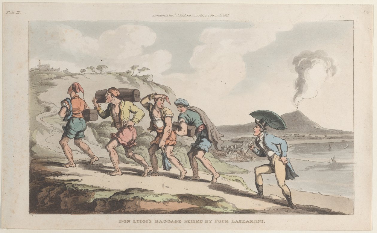 Don Luigin matkatavarat, jotka neljä Lazzaronia takavarikoivat Napolista ja Campagna Felicesta..., 1. kesäkuuta 1815. tekijältä Thomas Rowlandson