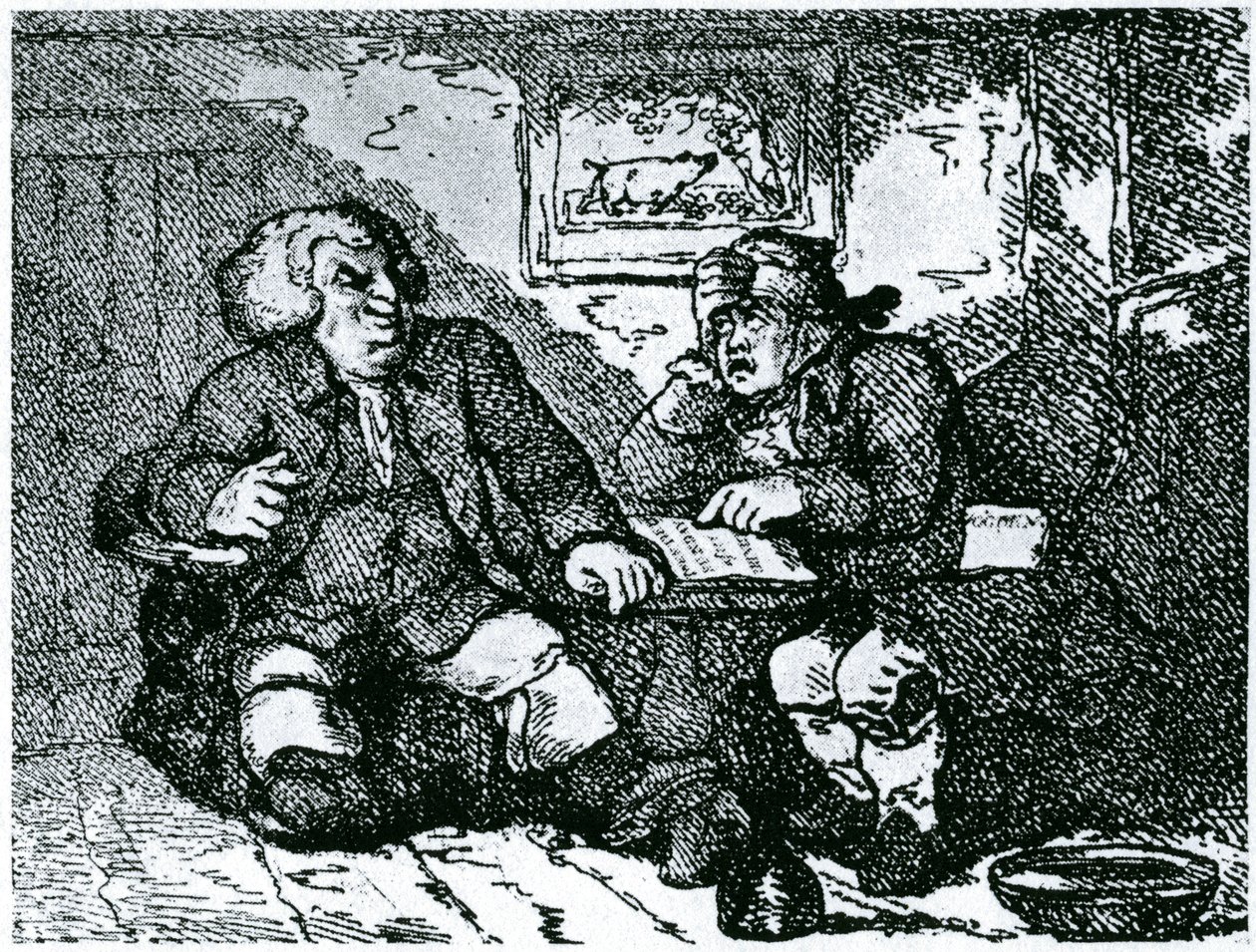 Tohtori Johnson ja James Boswell toipumassa krapulasta kaupungissa vietetyn yön jälkeen tekijältä Thomas Rowlandson