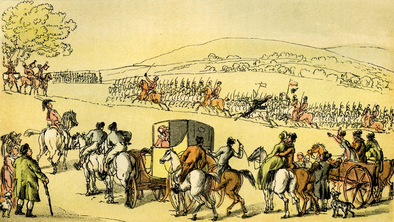 "Dr Syntax at a review" tekijältä Thomas Rowlandson