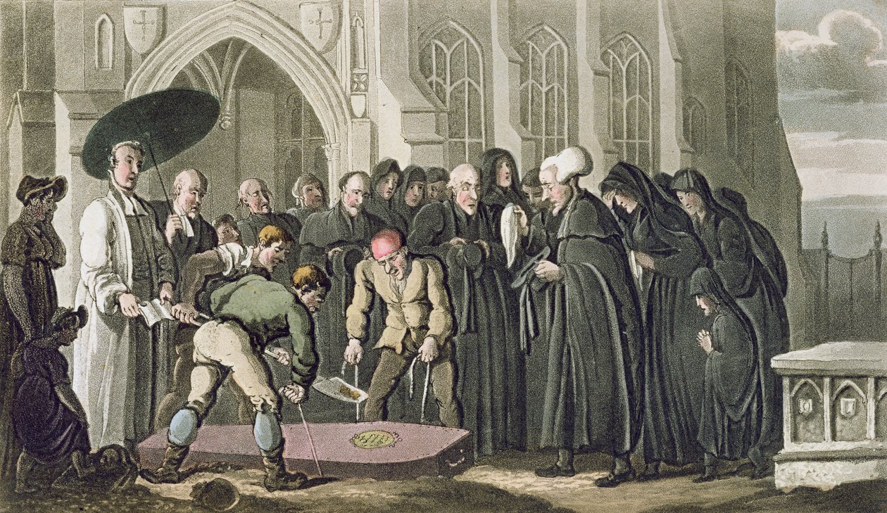 Dr Syntax at the Funeral of his Wife, William Comben teoksesta The Tour of Dr Syntax in search of the Picturesque, julkaistu 1812 (akvatinta) tekijältä Thomas Rowlandson