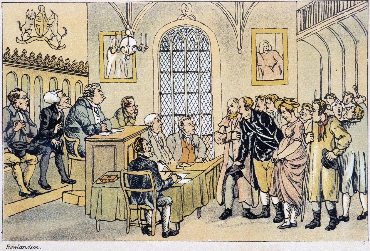 Tohtori Syntax yhteisöjen tuomioistuimessa - "" Doctor Syntaxin kolmella kiertueella etsimässä maalauksellista lohtua ja vaimoa", kirjoittanut W. Combe, ill. kirjoittanut Rowlandson, Lontoo, Hotten tekijältä Thomas Rowlandson