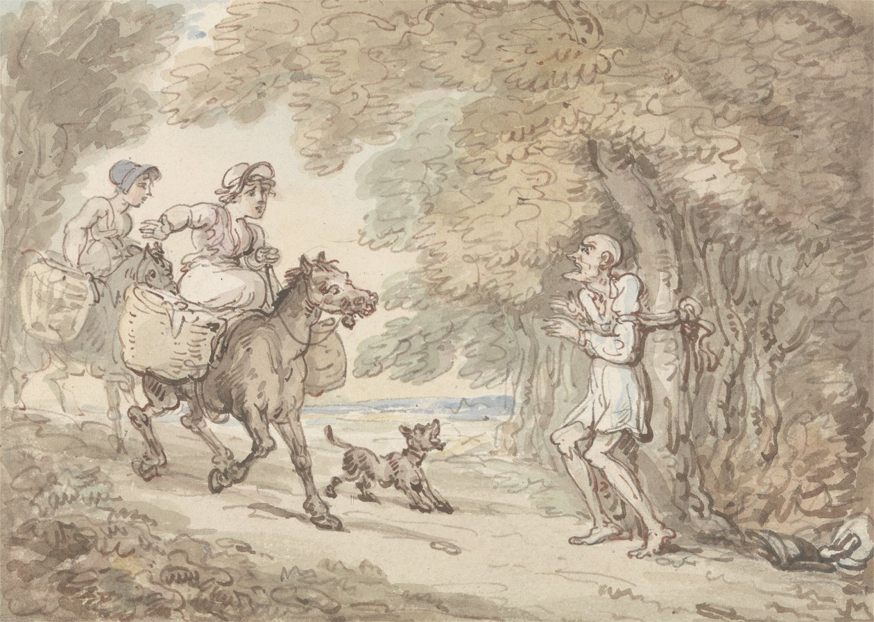 Highwaymenin puuhun sidottu tohtori syntaksi (akvarelli kynällä ja musteella paperille) tekijältä Thomas Rowlandson
