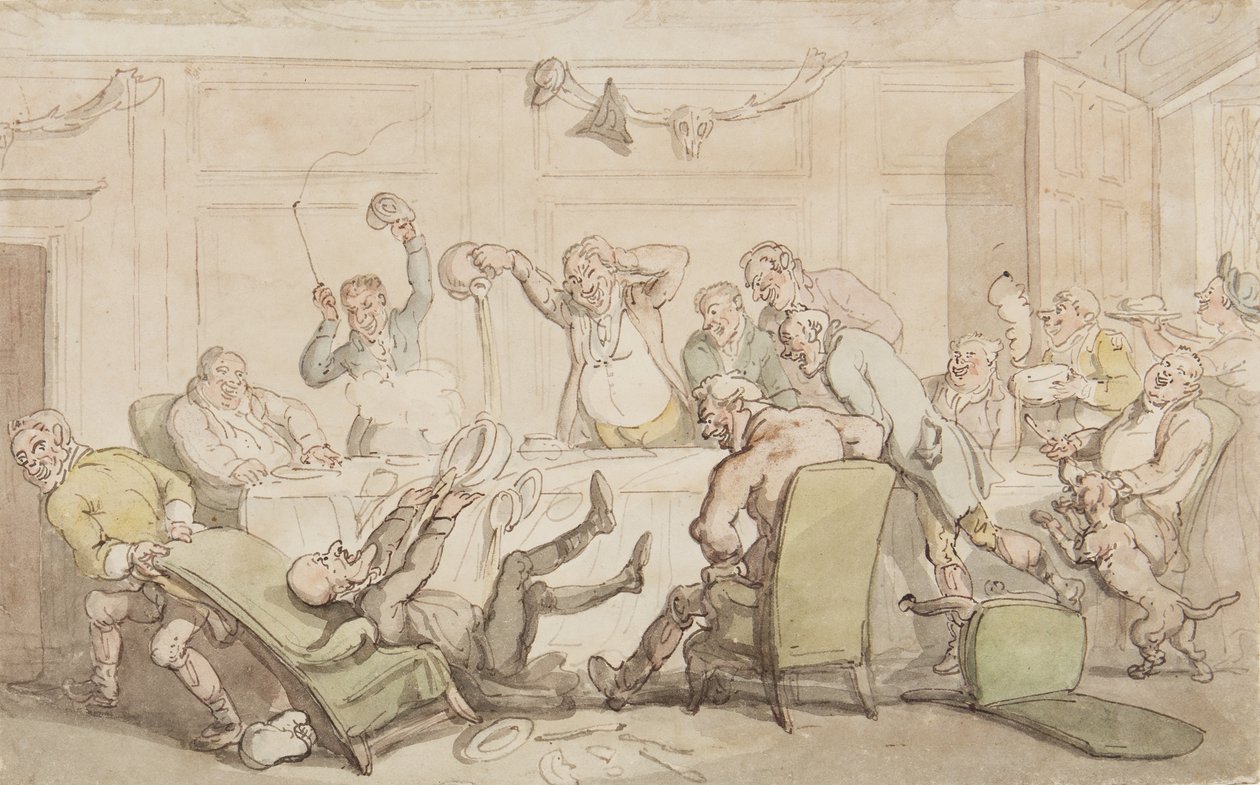 Tohtori Syntaxille sattuu onnettomuus klubilla (muste & wc paperille). tekijältä Thomas Rowlandson