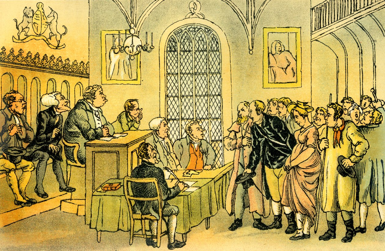 "Tohtori syntaksi tuomioistuimessa" tekijältä Thomas Rowlandson