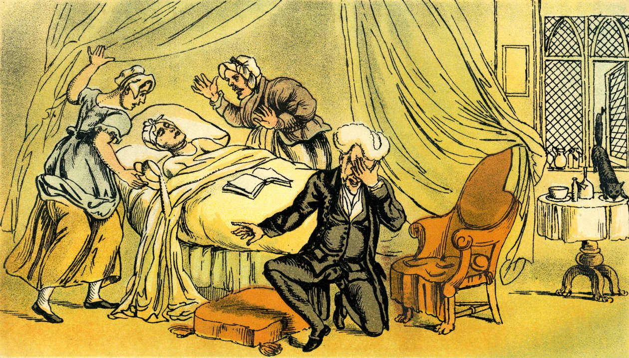 "Tohtori Syntax valittaa vaimonsa menetystä" tekijältä Thomas Rowlandson
