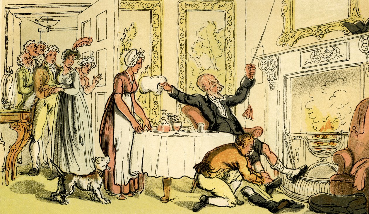 "Tohtori Syntax pitää herrasmiehen taloa majatalona" tekijältä Thomas Rowlandson