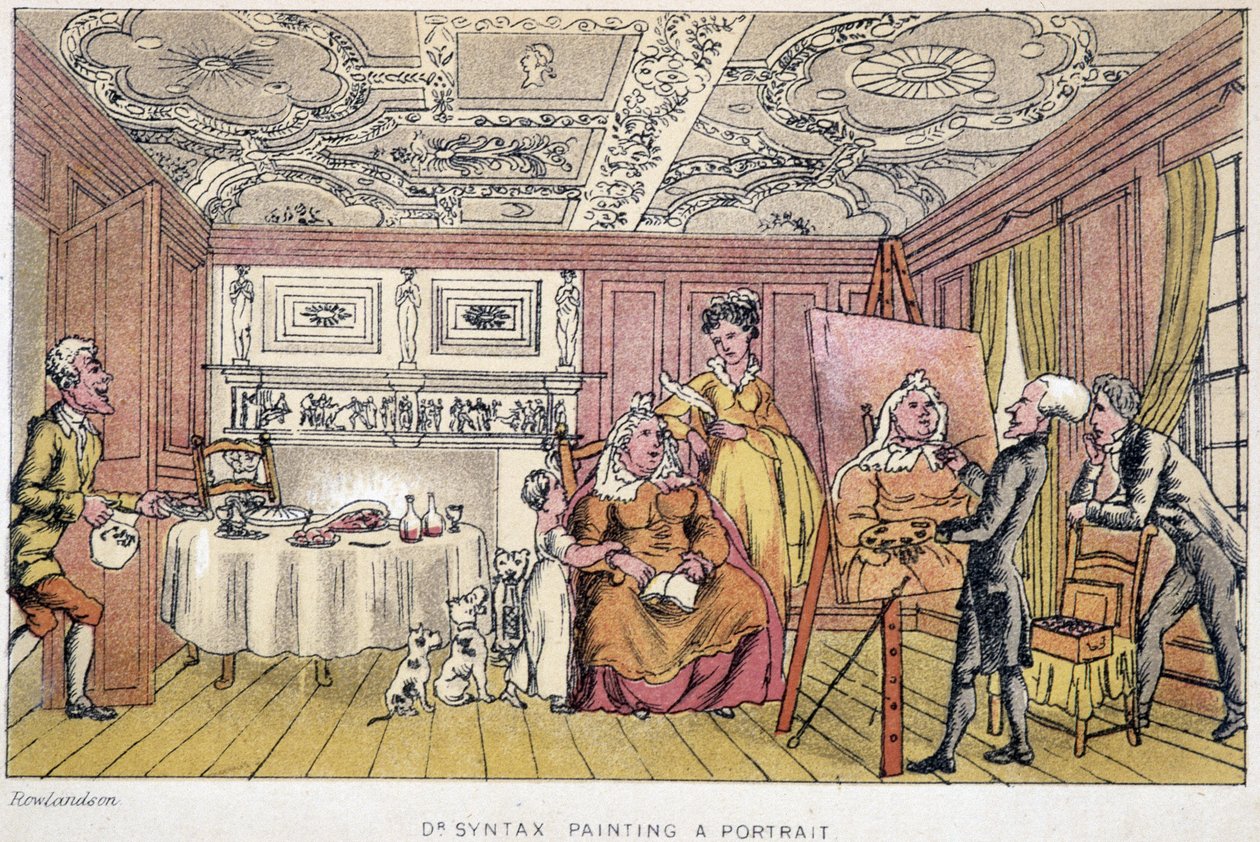 Dr. Syntax maalaa muotokuvaa - "" Doctor Syntaxin kolmella kiertueella etsimässä maalauksellista lohtua ja vaimoa", kirjoittanut W. Combe, ill. kirjoittanut Rowlandson, Lontoo, Hotten tekijältä Thomas Rowlandson