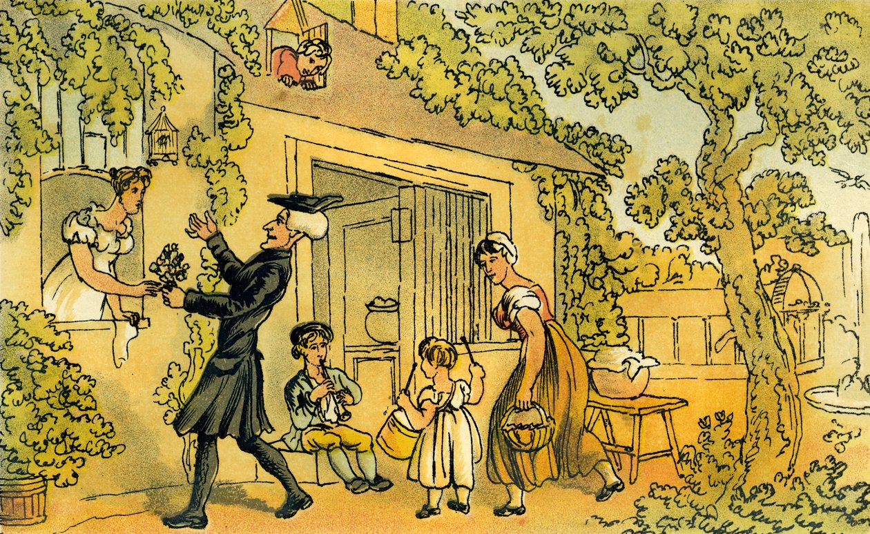 "Dr Syntax esittelee kukkatarjouksen" tekijältä Thomas Rowlandson