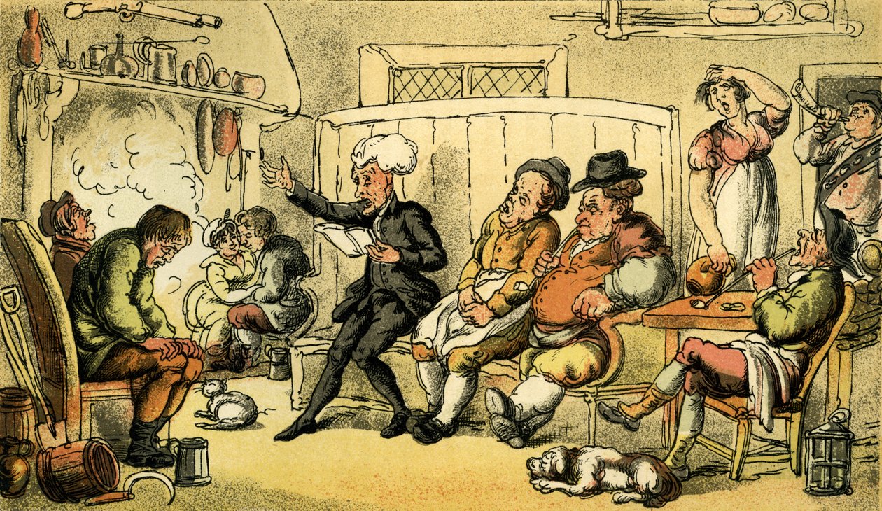 "Tohtori Syntax lukemassa kiertuettaan" tekijältä Thomas Rowlandson
