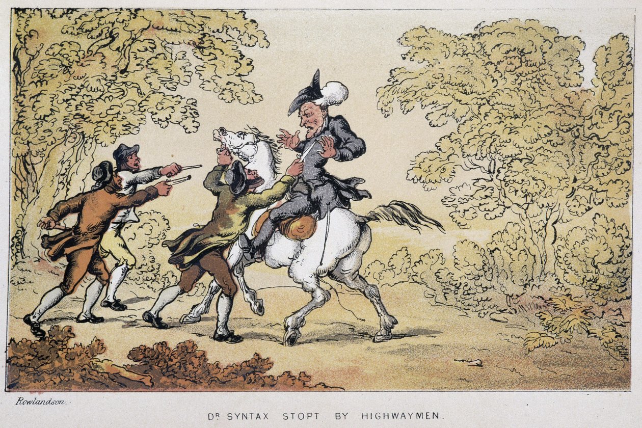 Tohtori Syntax pysäytti rosvot - "" Doctor Syntaxin kolmella kiertueella: viehättävää lohtua ja vaimoa etsimässä" William Combe, ill. Rowlandson tekijältä Thomas Rowlandson