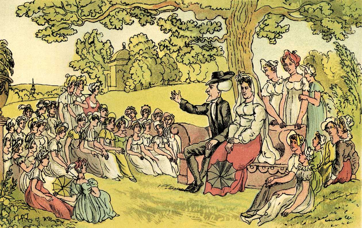 "Tohtori Syntax vierailee sisäoppilaitoksessa" tekijältä Thomas Rowlandson