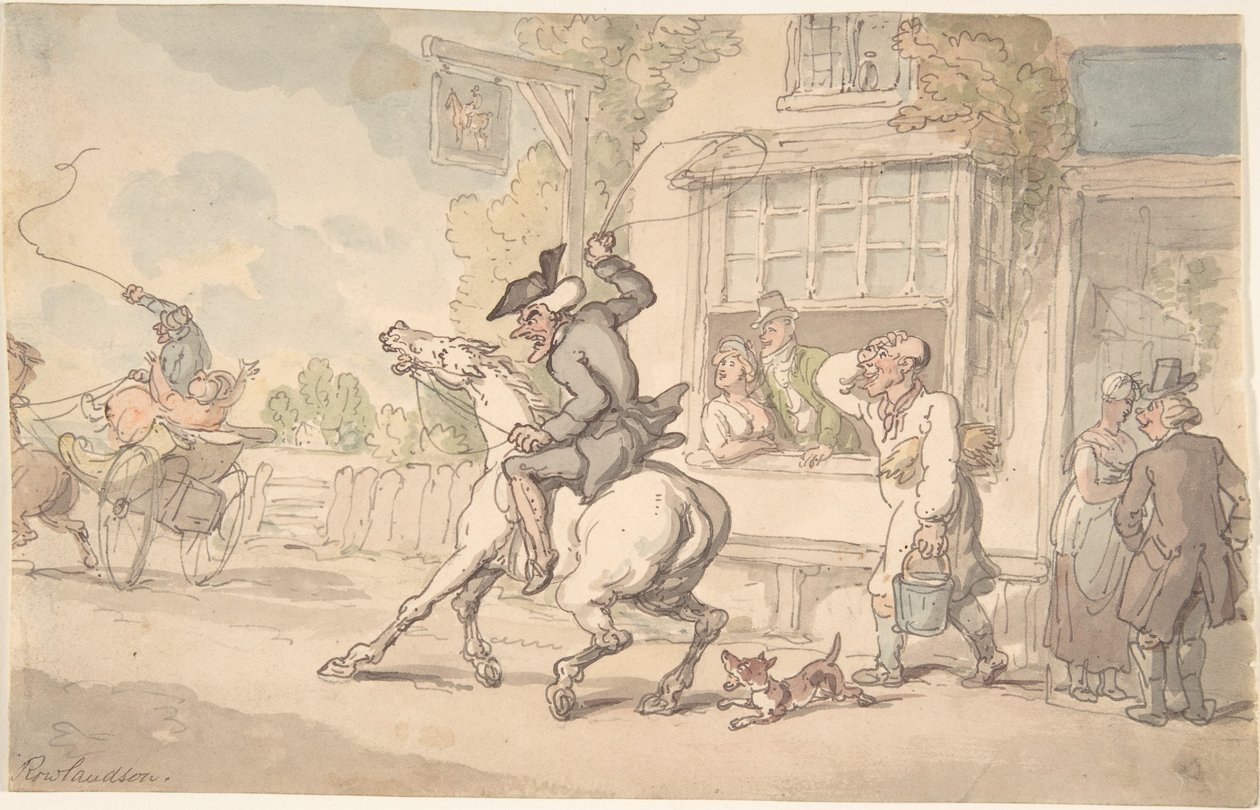 Tohtori Syntax ja hankala hevonen majatalon edessä tekijältä Thomas Rowlandson