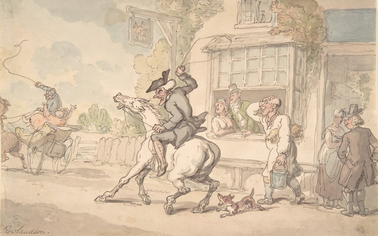 Dr. Syntax with a Balky Horse Before Inn, 17.-19th century. tekijältä Thomas Rowlandson