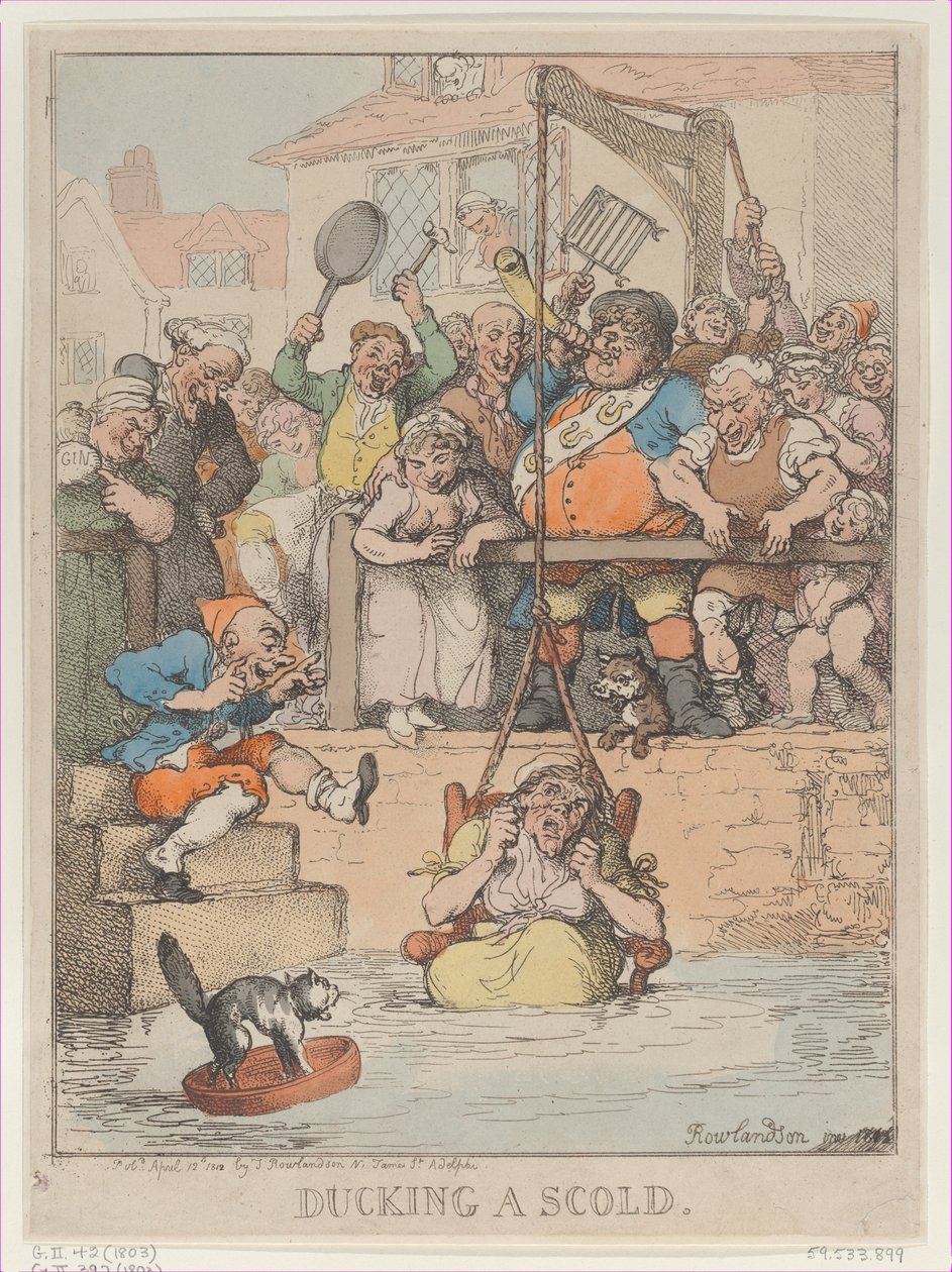 Ducking a Scold, [12. huhtikuuta 1803], julkaistu uudelleen 12. huhtikuuta..., [12. huhtikuuta 1803], uusintapainos 12. huhtikuuta 1812. tekijältä Thomas Rowlandson