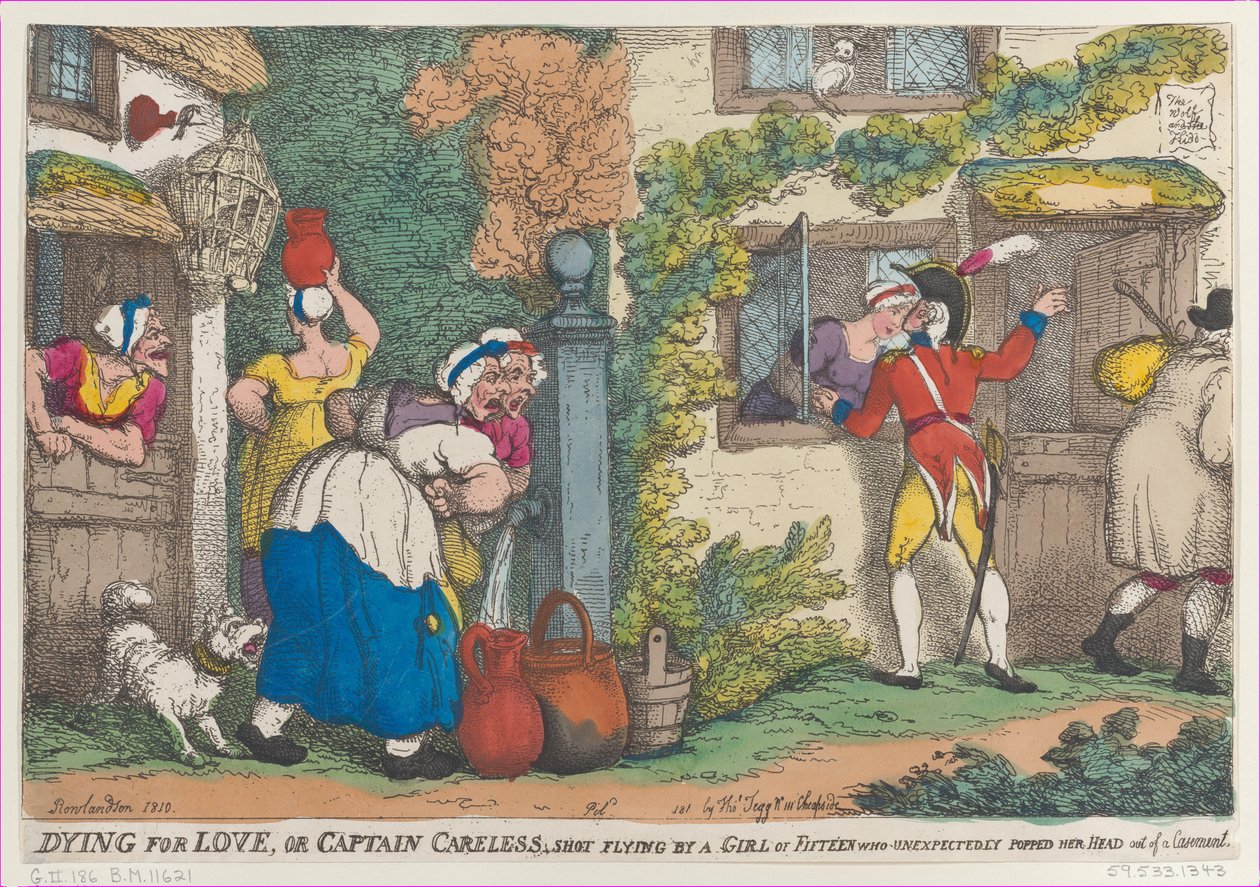 Dying for Love, tai kapteeni huolimaton, ampui lentäen 15-vuotiaan tytön, joka pomppasi odottamattomasti..., 1810. tekijältä Thomas Rowlandson