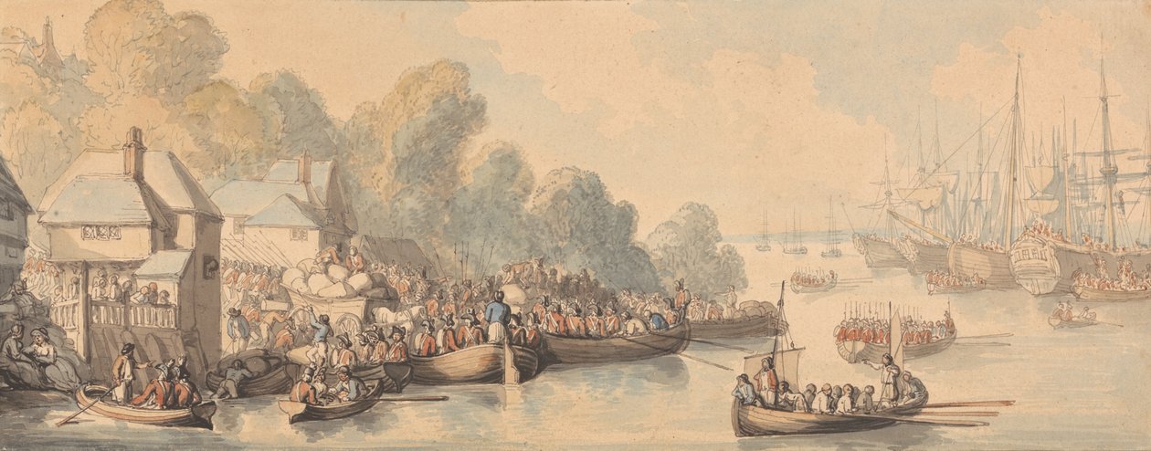 Laivaanlähtö Southamptonissa, 20. kesäkuuta 1794 (akvarelli ja kynä ja ruskea, harmaa ja punaruskea muste grafiitin päällä keskikokoisella, hieman teksturoidulla kermanvärisellä paperilla) tekijältä Thomas Rowlandson