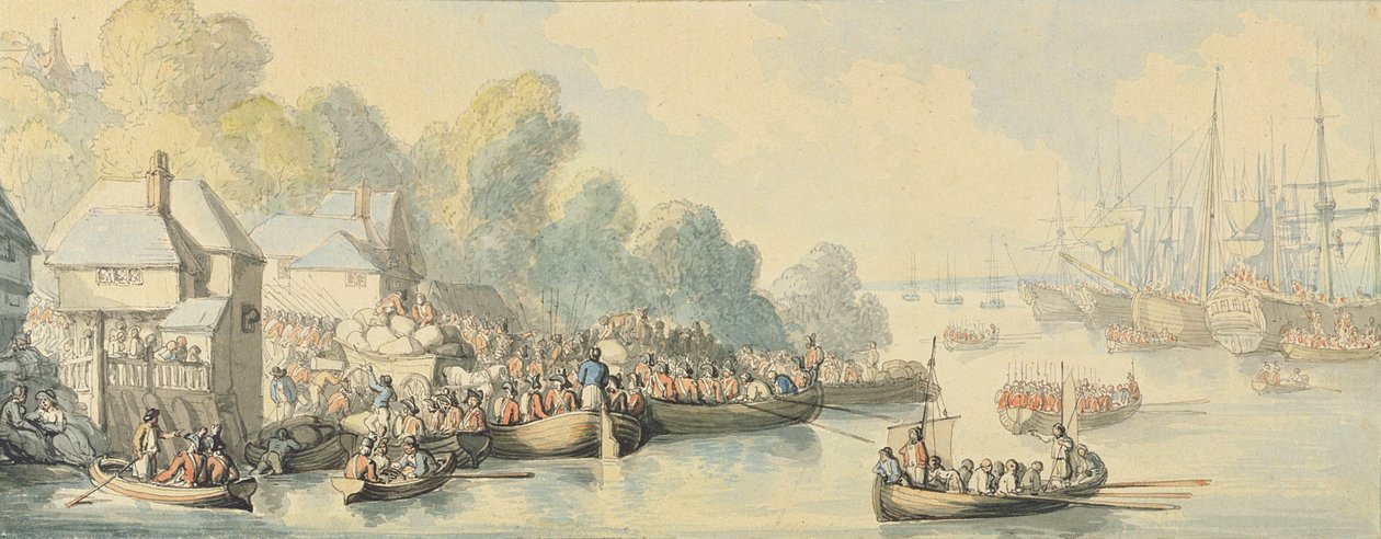 Laivaanlähtö Southamptonissa 20. kesäkuuta Lord Howen toiminnan jälkeen - Versio B, n. 1794 (wc kynällä ja musteella grafiitin päällä kudottupaperilla) tekijältä Thomas Rowlandson