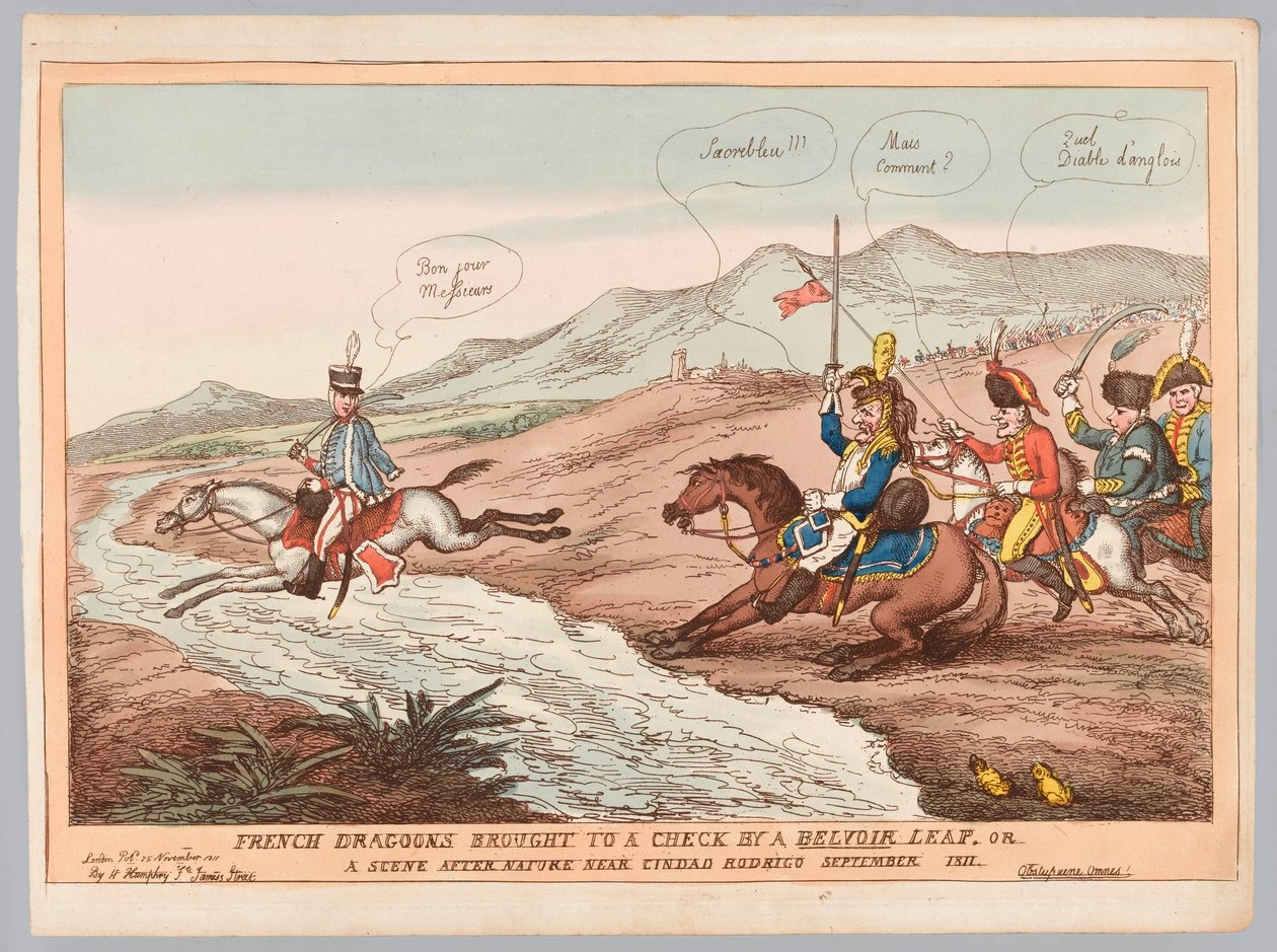English Manners and French Prudence tai French Dragons, jotka Belvoir toi kuriin syyskuussa 1811 (kaiverrus, värillinen) tekijältä Thomas Rowlandson