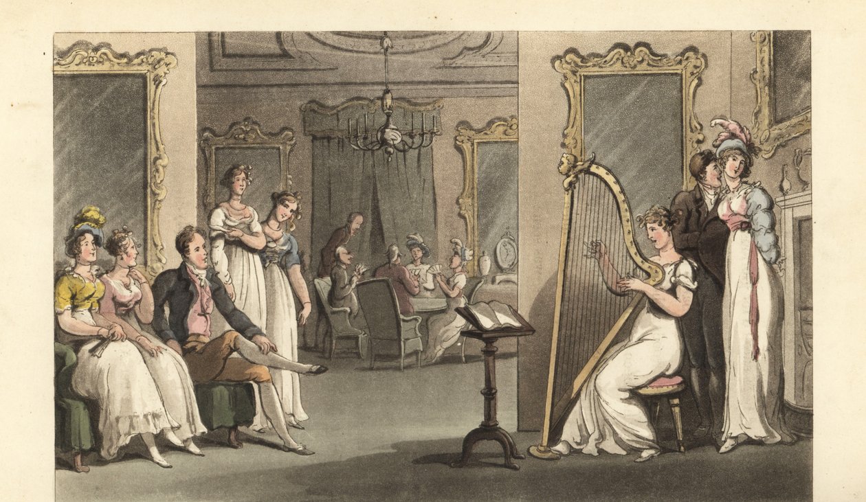 Englantilainen herrasmies ja naiset kuuntelemassa harpistia ballissa tekijältä Thomas Rowlandson