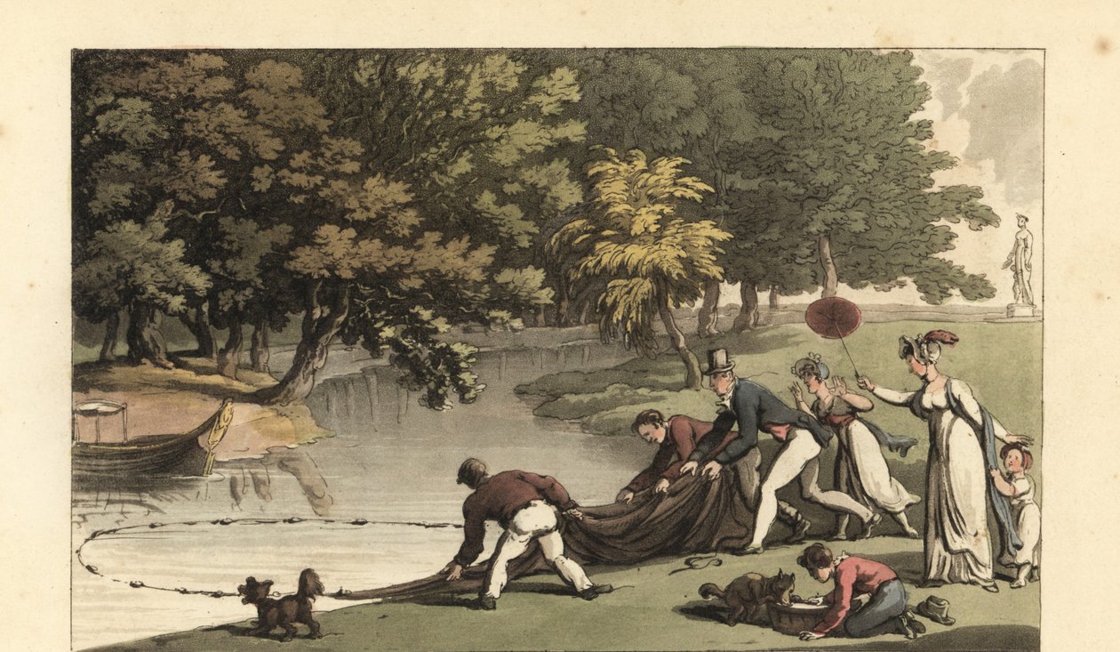 Englantilainen herrasmies ja henkilökunta kalastavat joessa tekijältä Thomas Rowlandson