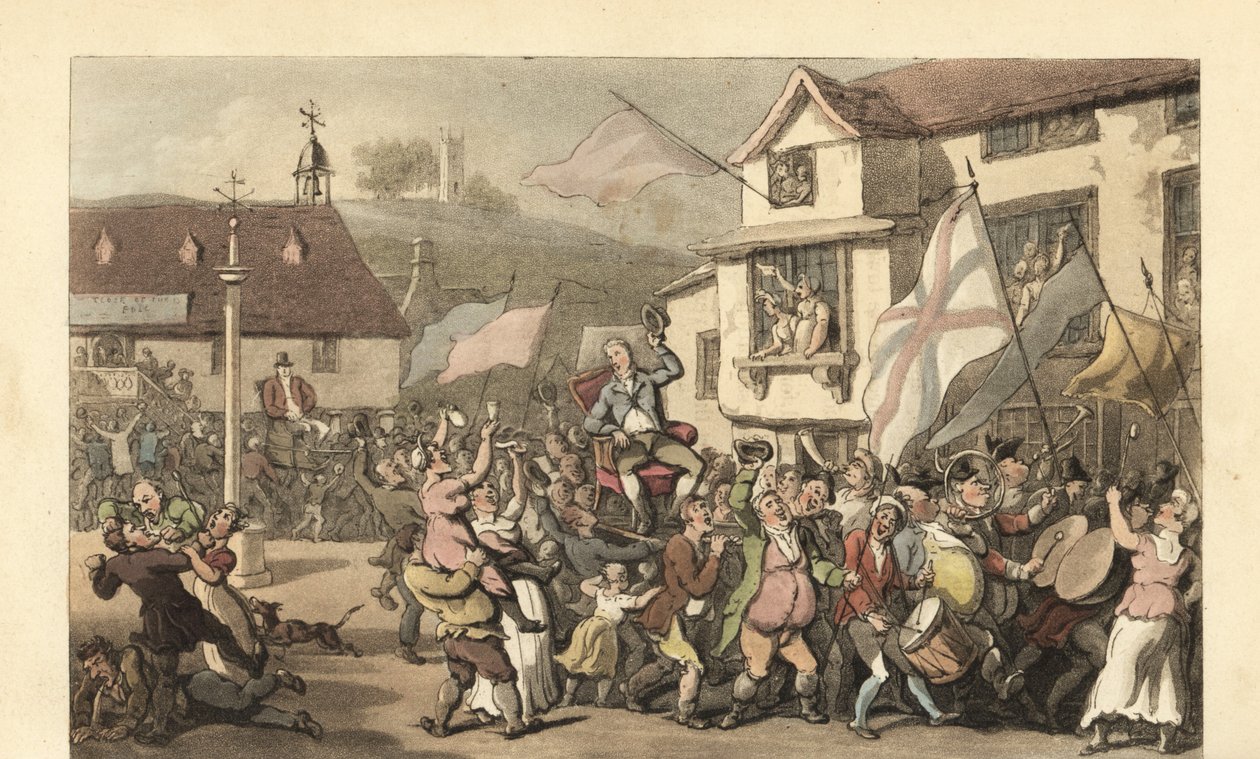 Englantilainen herrasmies kantoi sedan-tuolia vaaleja varten tekijältä Thomas Rowlandson