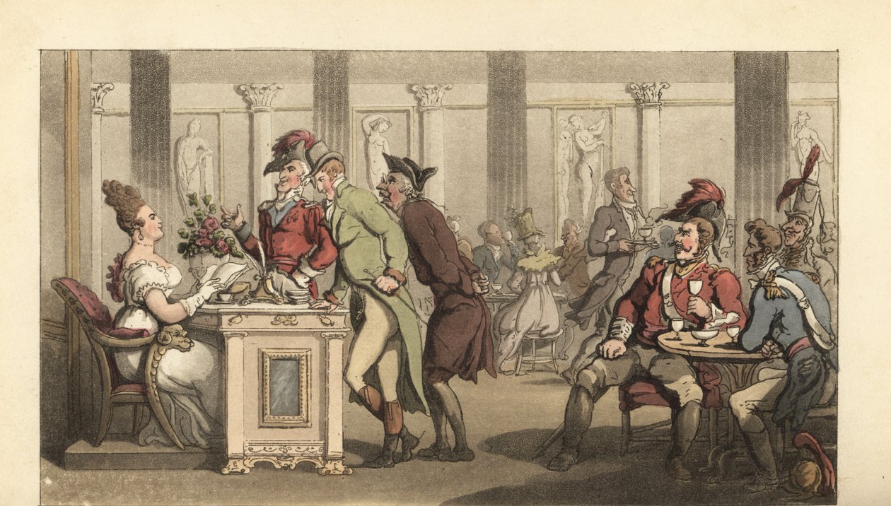 Englantilainen herrasmies flirttailemassa Fair Limonadieren kanssa kahvilassa pariisissa tekijältä Thomas Rowlandson