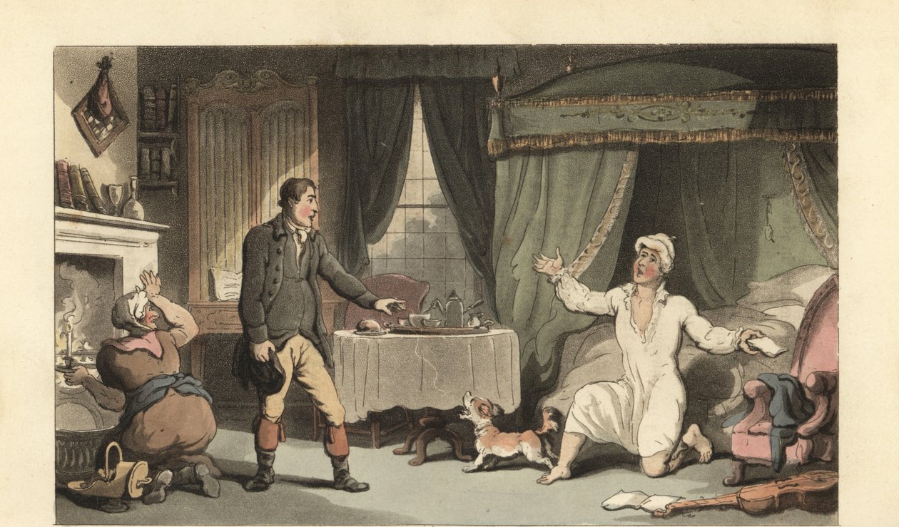Englantilainen herrasmies vastaanottaa kirjeen perheeltään tekijältä Thomas Rowlandson