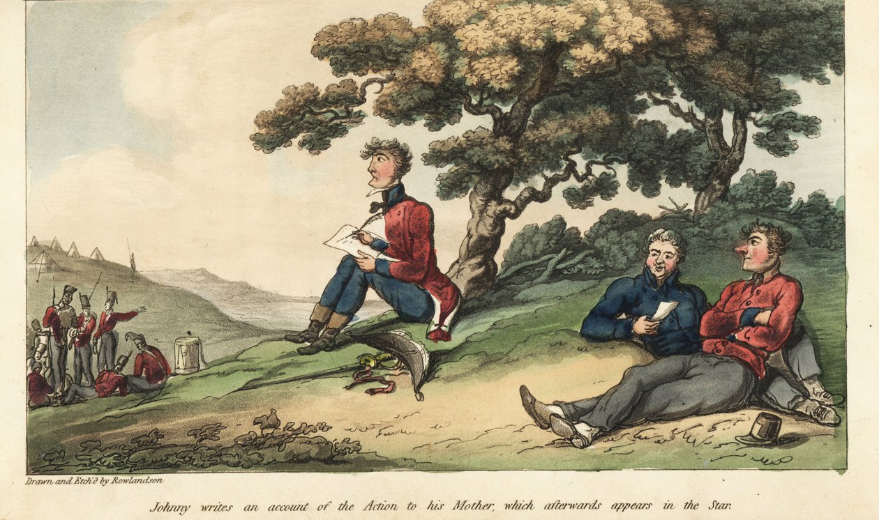 Lippuri Johnny Newcome kirjoittaa äidilleen kirjeen, jossa kuvataan Salamancan taistelua tekijältä Thomas Rowlandson