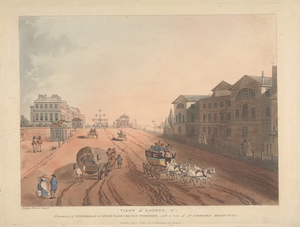 Piccadillyn tai Hyde Park Cornerin maksullisen tien sisäänkäynti (nro 1) tekijältä Thomas Rowlandson