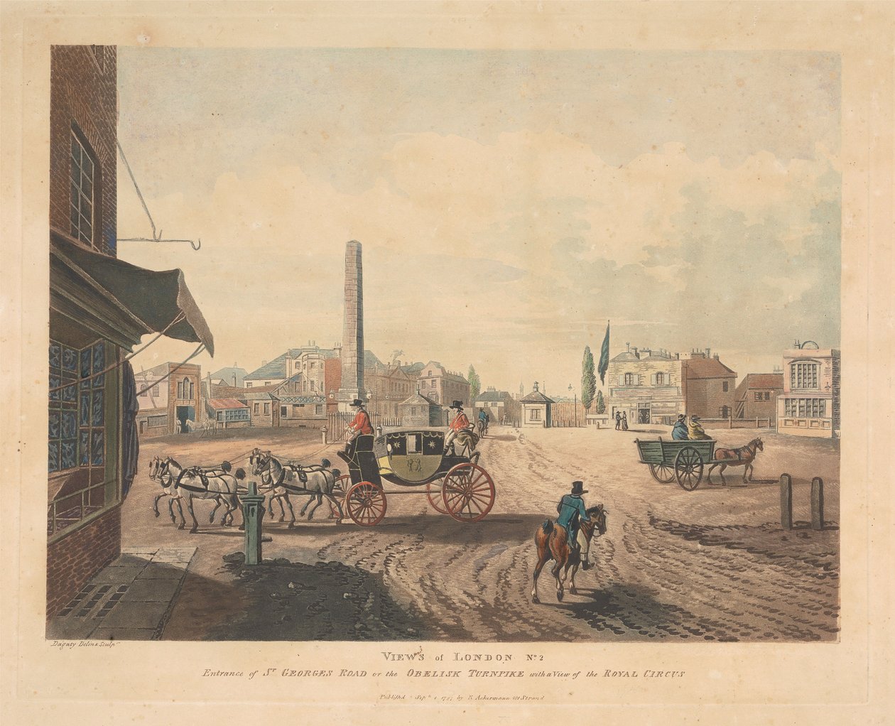 St. Georges Roadin tai Obelisk Turnpiken (nro 2) sisäänkäynti tekijältä Thomas Rowlandson