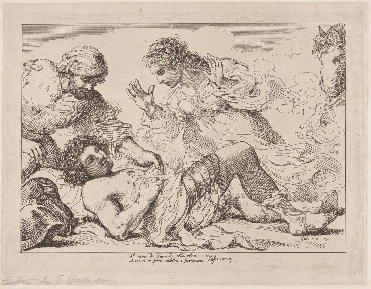 Erminia löytää haavoittuneen Tancredin Tassosta, Jerusalem Liberated, noin. 1790, n. 1790. tekijältä Thomas Rowlandson