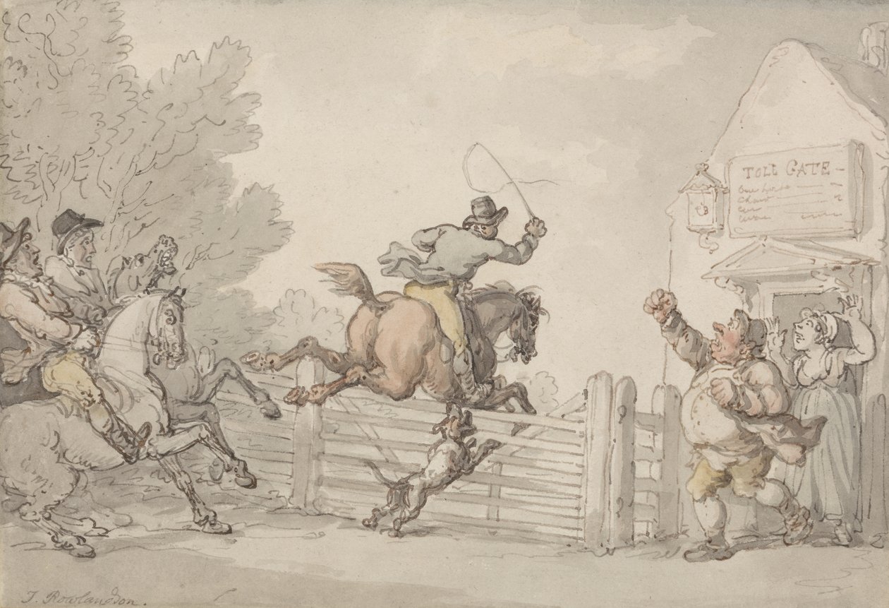 Tietullin kiertäminen, n. 1805-1810 (grafiitti, kynä, muste ja w/c paperilla) tekijältä Thomas Rowlandson