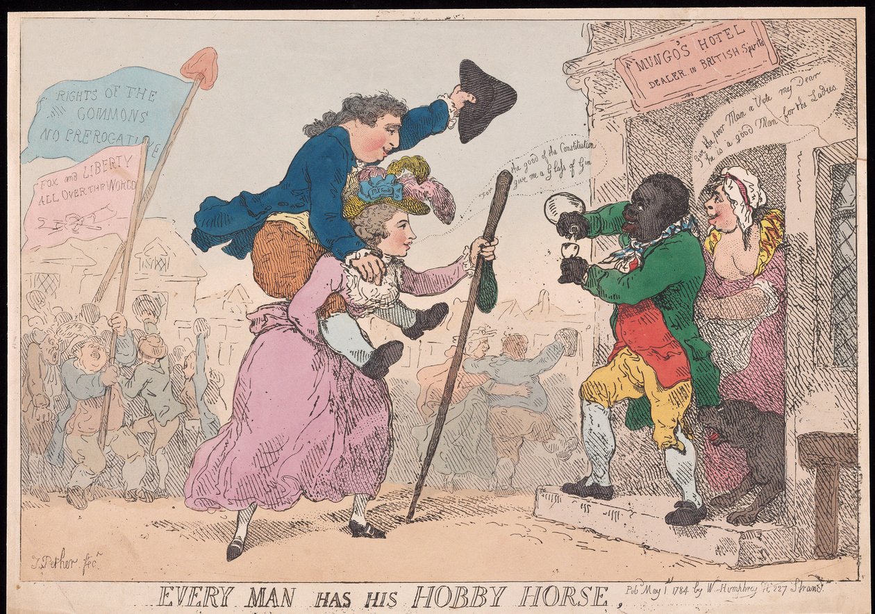 Jokaisella miehellä on oma harrastushevonen, pubi. 1784 (käsinvärinen kaiverrus) tekijältä Thomas Rowlandson
