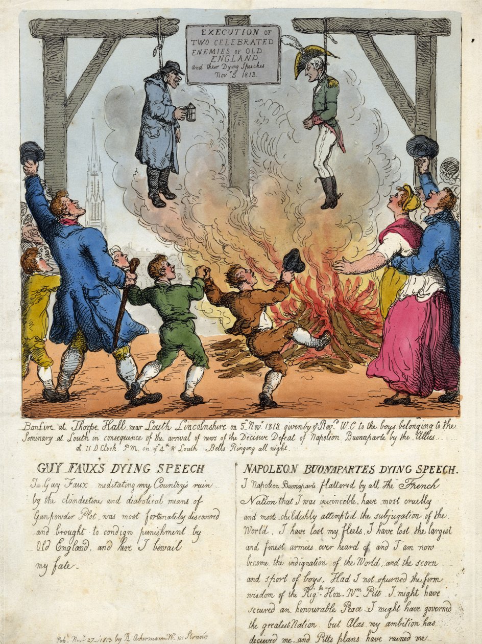 Vanhan Englannin kahden kuuluisan vihollisen, Guy Fawkesin ja Napoleon Buonaparten, teloitus - Heidän viimeinen puheensa hirsipuussa. 1813. Kaiverrus. tekijältä Thomas Rowlandson