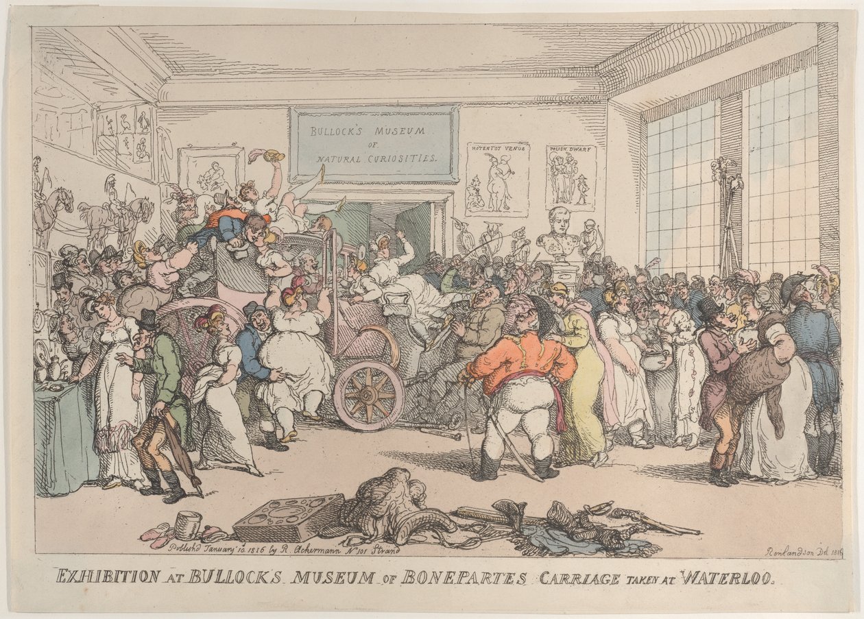 Näyttely Bullockin Bonaparten vaunujen museossa, otettu Waterloossa 10. tammikuuta 1816. tekijältä Thomas Rowlandson