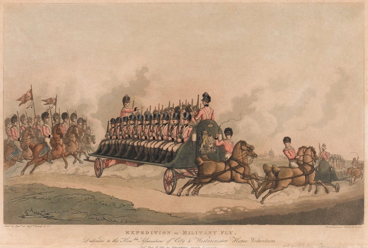 "Expedition of Military Fly" (akvatinta, väri) tekijältä Thomas Rowlandson