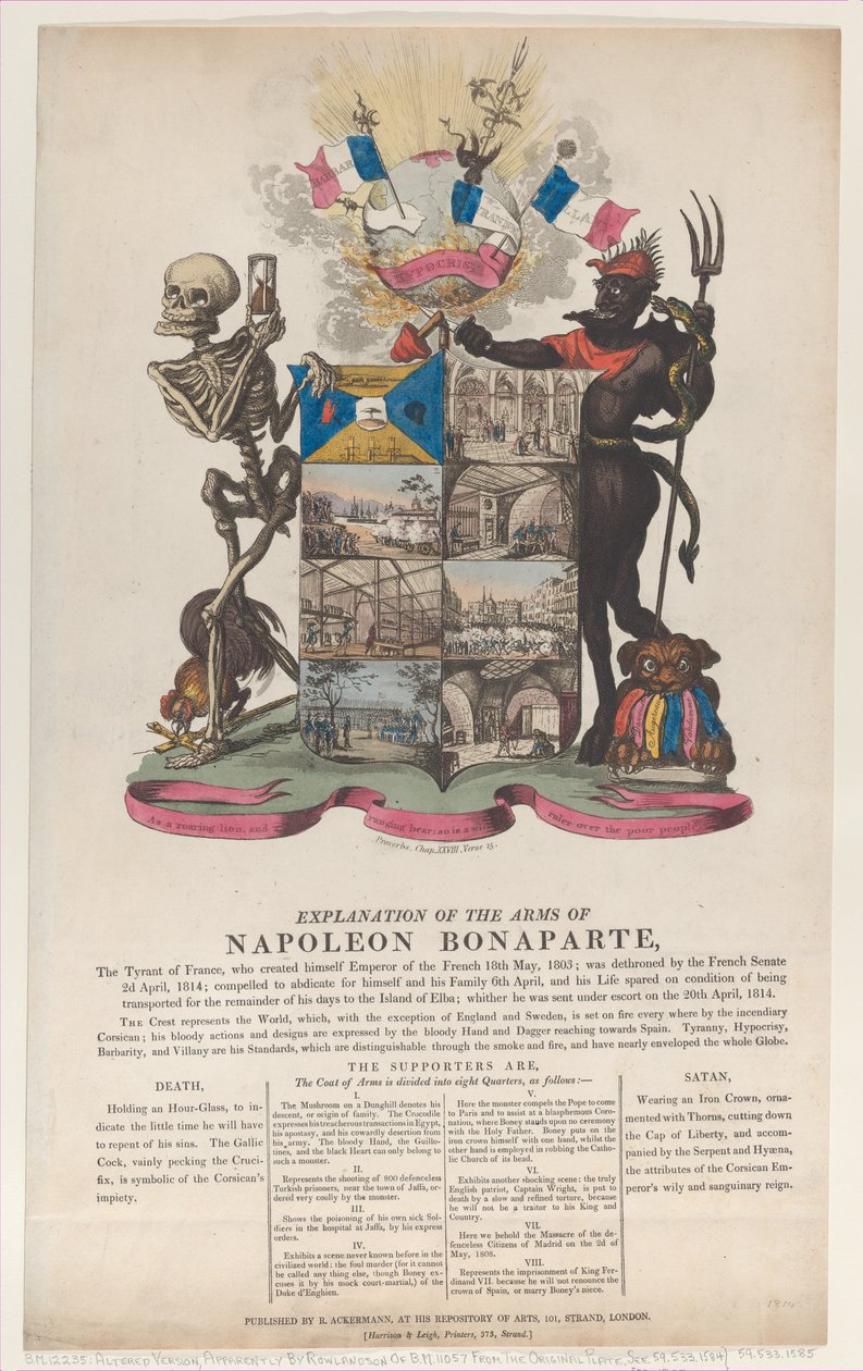 Napoleon Bonaparten aseiden selitys, huhtikuu 1814, huhtikuu 1814. tekijältä Thomas Rowlandson