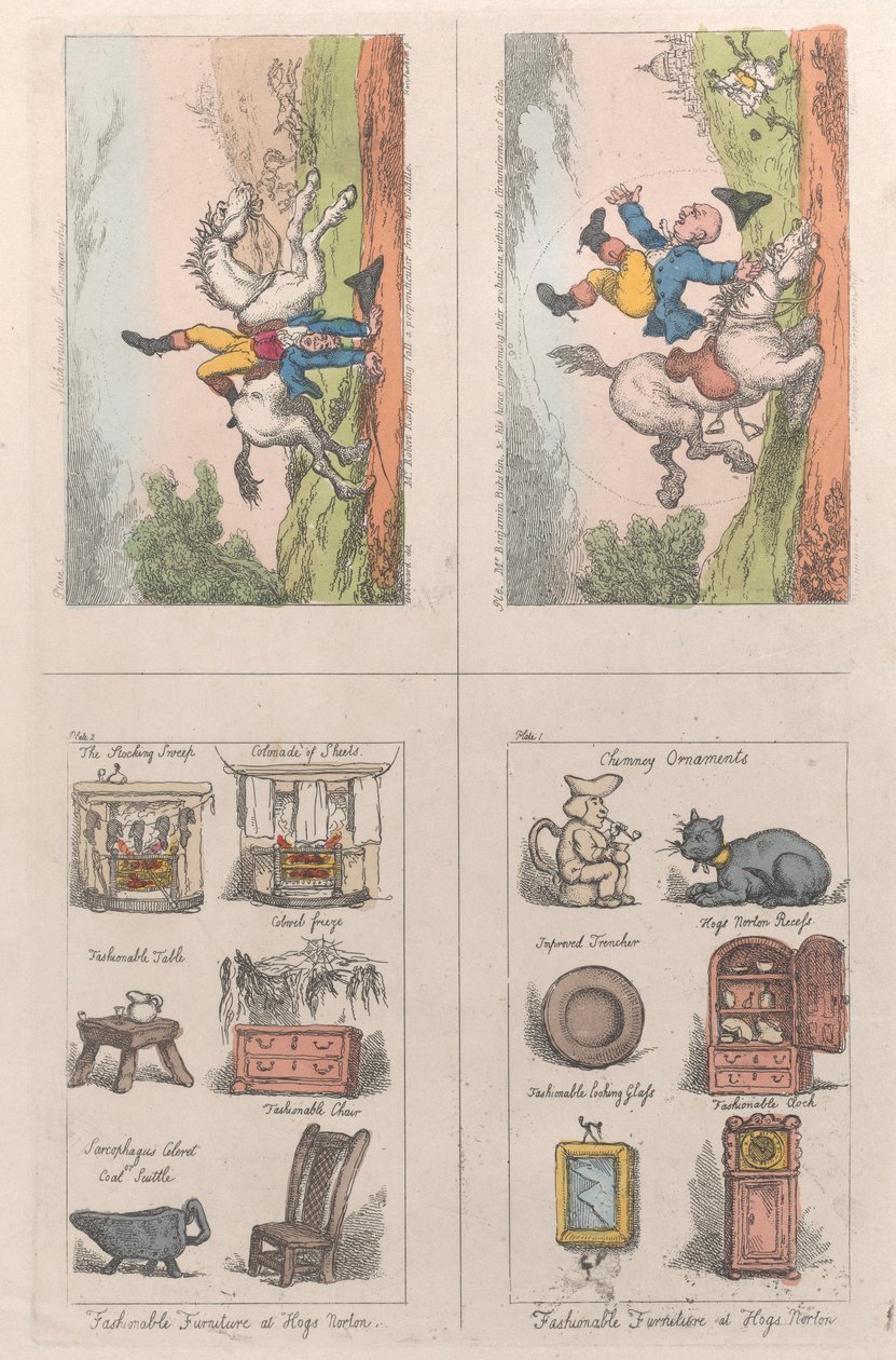 Muodikkaat huonekalut Hogs Nortonissa, Mathematical Horsemanship, 1809, 1809 tekijältä Thomas Rowlandson