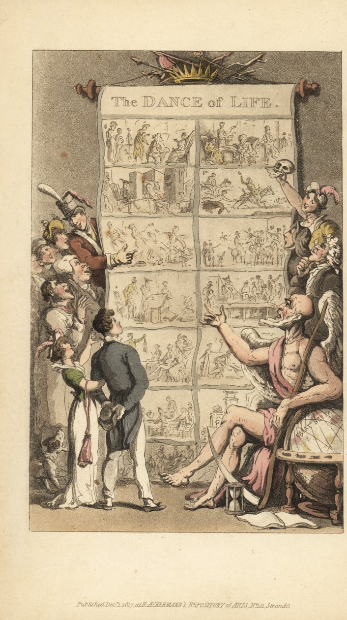 Father Time näyttää miesten ja naisten kohtauksia elämästä tekijältä Thomas Rowlandson