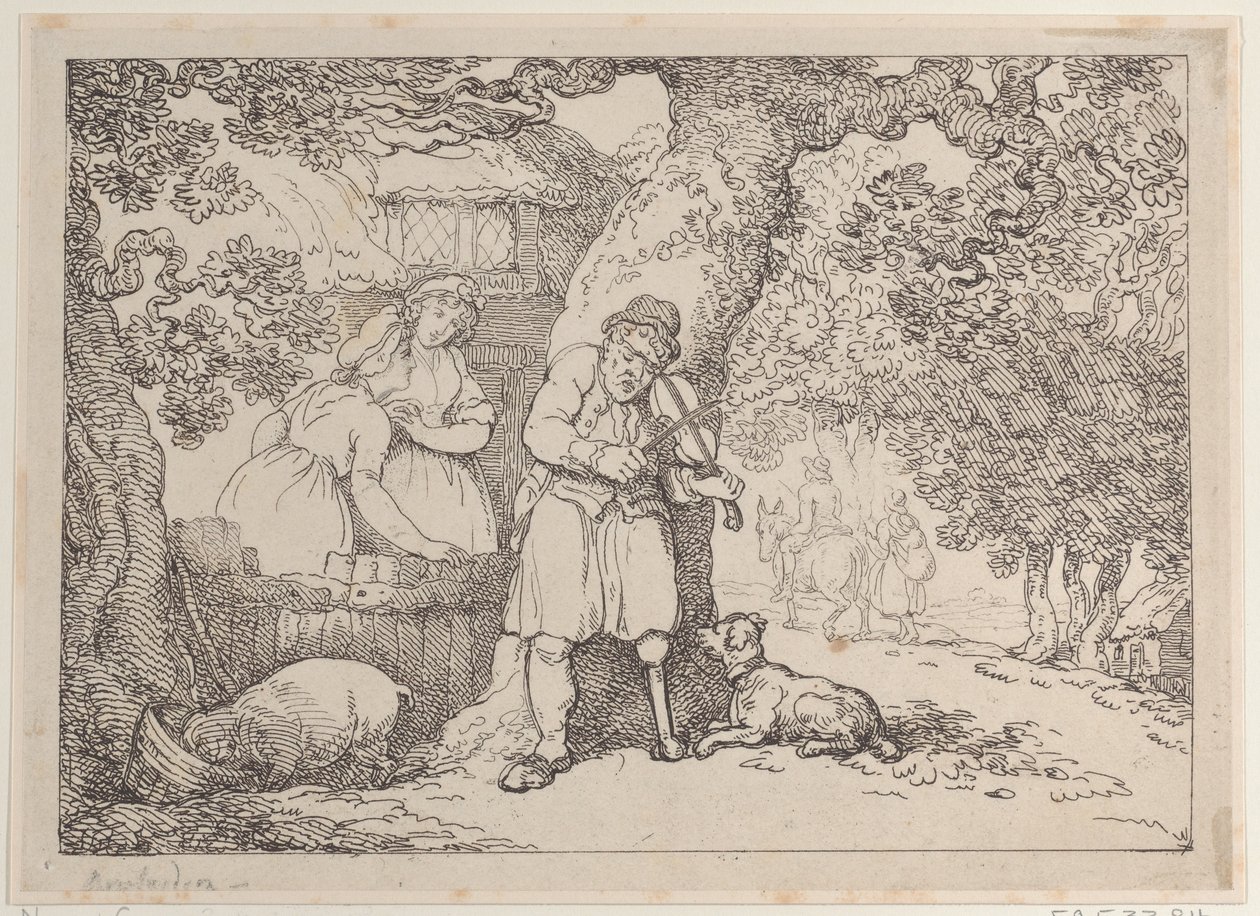 Viulunsoittaja, merimies, kaksi naista ja sika mökin luona, 1816, 1816. tekijältä Thomas Rowlandson