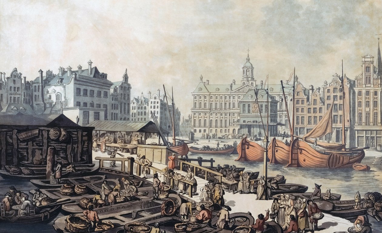 Kalamarkkinat, Dam-aukio, Amsterdam, Alankomaat tekijältä Thomas Rowlandson