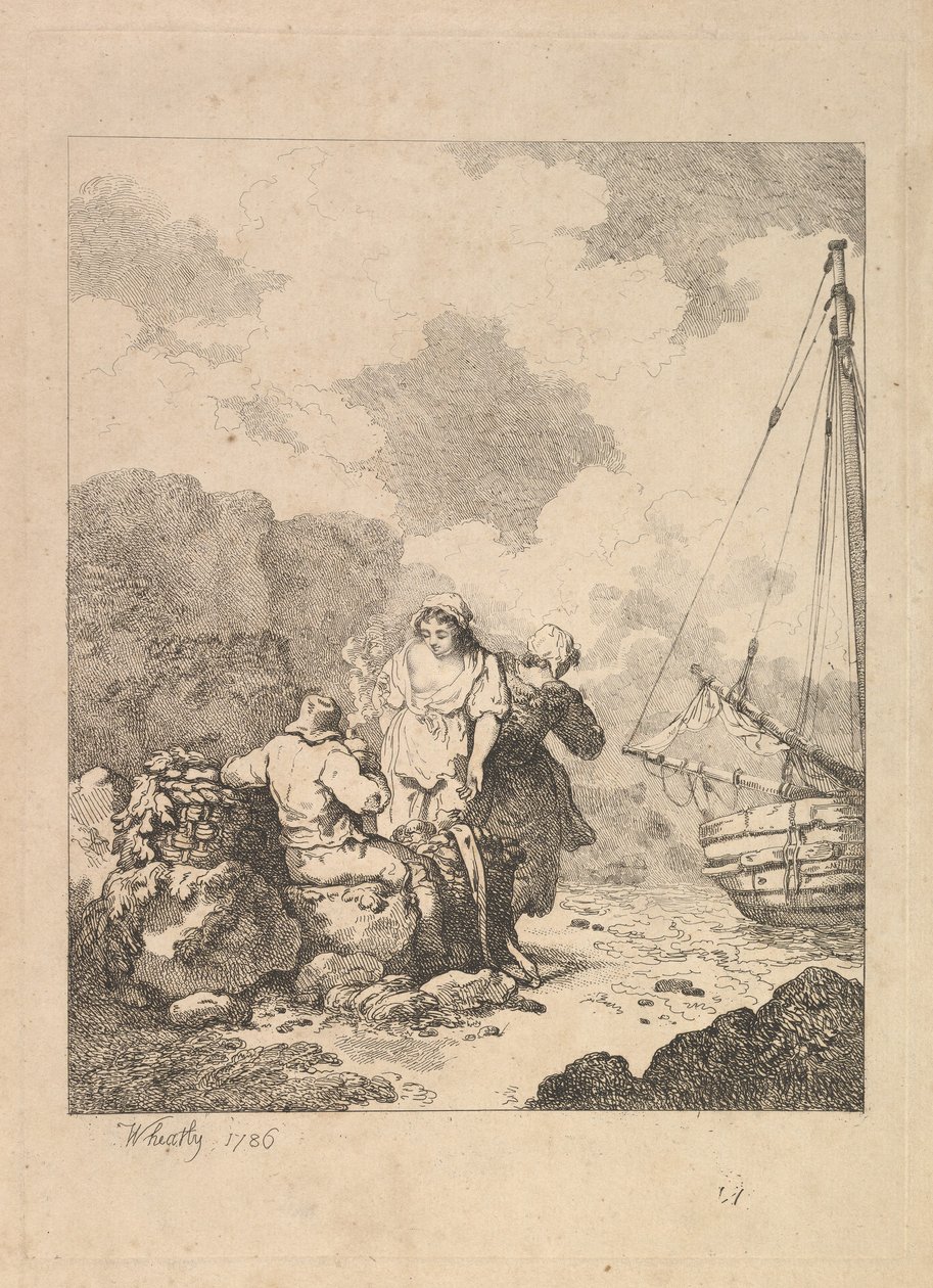 Kalastajat rannalla - Rannikkokohtaus, jossa mies istuu kallioilla ja polttaa piippua, Nex..., 1786. tekijältä Thomas Rowlandson