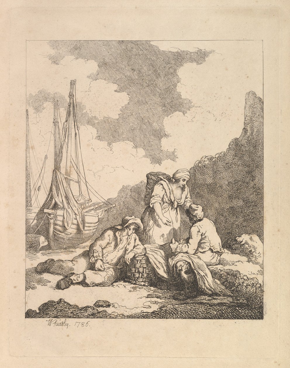 Kalastajat rannalla - Rannikkokohtaus, jossa mies istuu maassa kyynärpäänsä lepäämässä, 1786. tekijältä Thomas Rowlandson