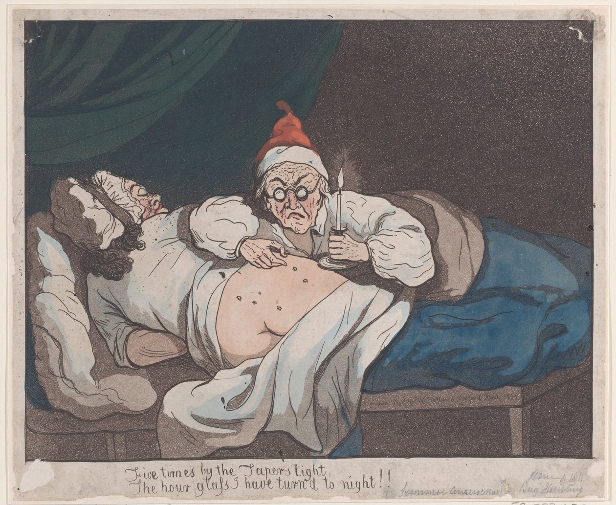Viisi kertaa Taperin valossa, tiimalasi, jonka olen kääntänyt yöksi!!, 1793., 1793. tekijältä Thomas Rowlandson