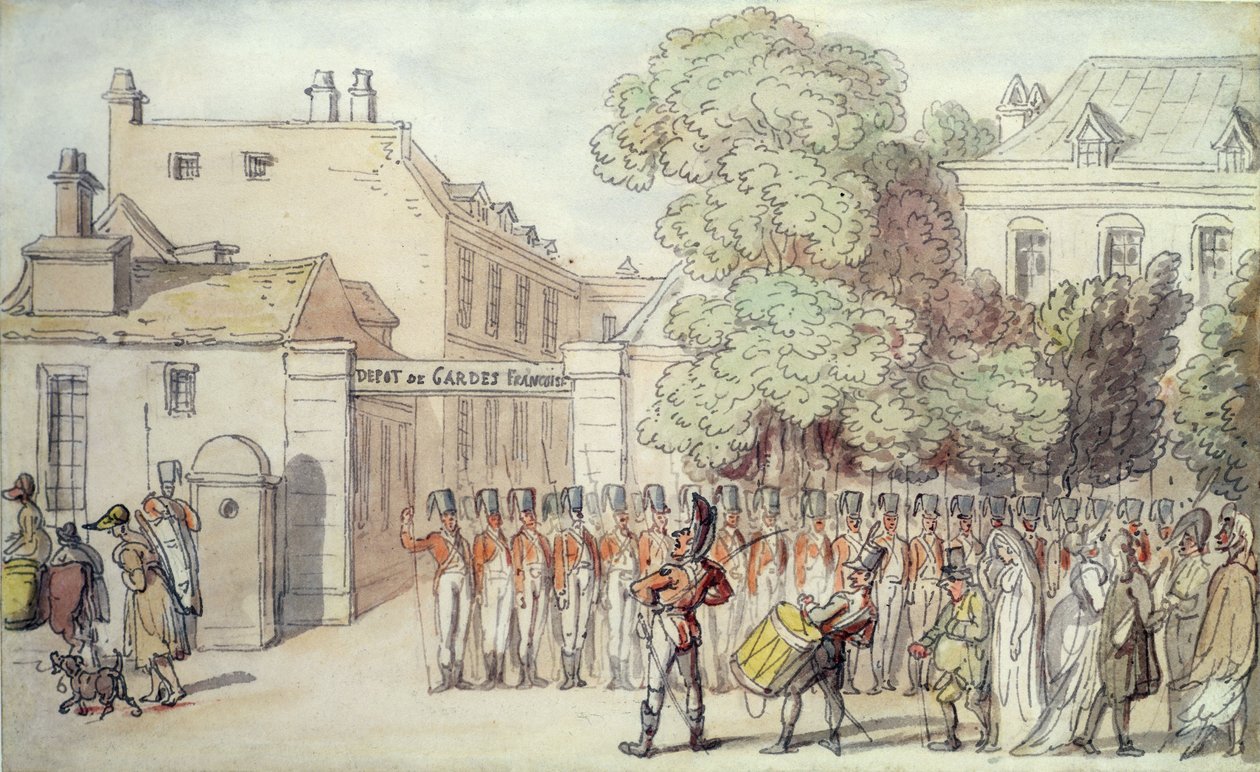 Ranskalaiset sotilaat paraatissa (kynä ja akvarelli paperille) tekijältä Thomas Rowlandson