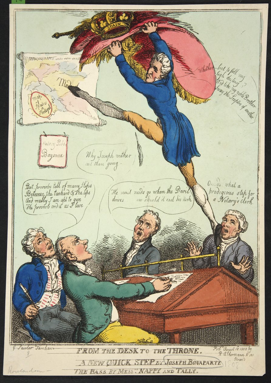 Työpöydältä valtaistuimelle. Joseph Bonaparten uusi nopea askel. The Bass, herrat Nappy ja Talley, pub. 1808 (käsinvärinen kaiverrus) tekijältä Thomas Rowlandson