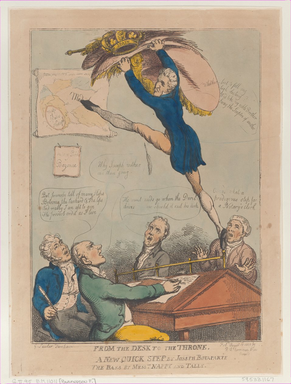 Työpöydältä valtaistuimelle, Joseph Bonaparten uusi nopea askel, basso, M..., 18. elokuuta 1808. tekijältä Thomas Rowlandson